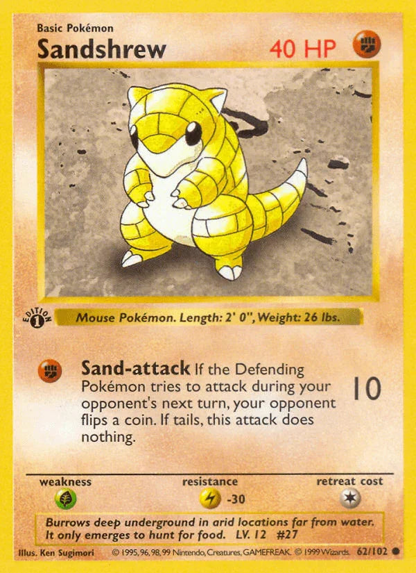 1st Edition Normal, 62, Base Set 1st Edition, Common, Fighting, Grass[×2], Lightning[-30] Sandshrew (62/102) (Shadowless) [Base Set 1st Edition] - Trading Card World