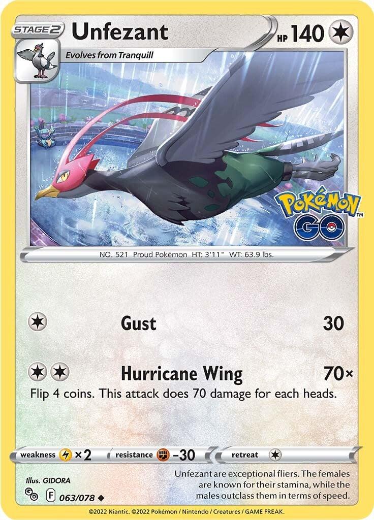 063, Colorless, Fighting [-30], Lightning [x2], Normal, Pokémon GO, Reverse Holofoil, Uncommon Unfezant (063/078) [Pokémon GO] - Trading Card World