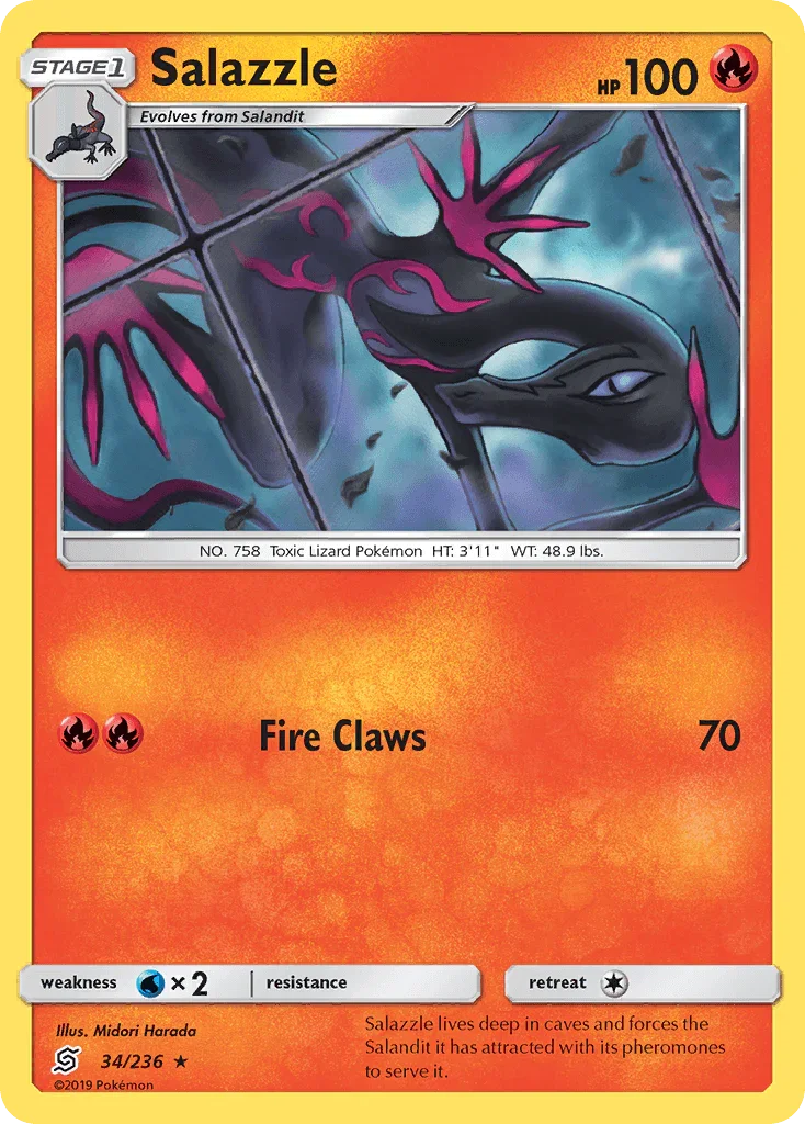 34, Fire, Normal, Rare, Reverse Holofoil, Sun & Moon: Unified Minds, Water[×2] Salazzle (34/236) [Sun & Moon: Unified Minds] - Trading Card World