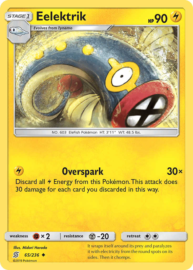 65, Fighting[×2], Lightning, Metal[-20], Normal, Reverse Holofoil, Sun & Moon: Unified Minds, Uncommon Eelektrik (65/236) [Sun & Moon: Unified Minds] - Trading Card World