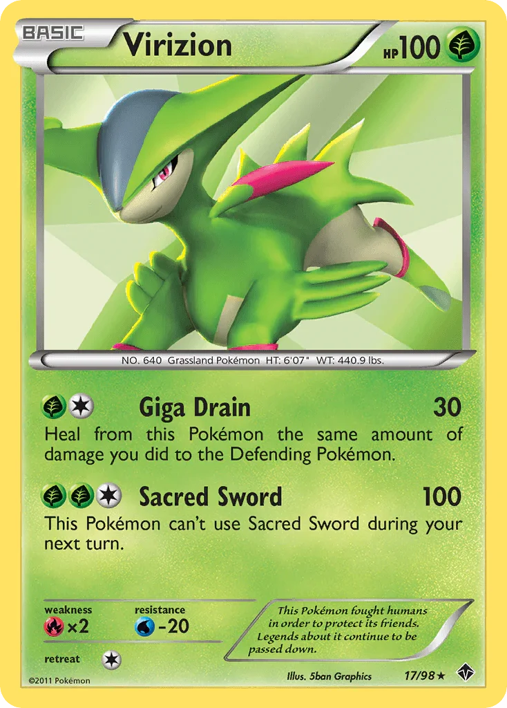 17, Black & White: Emerging Powers, Fire[×2], Grass, Holo Rare, Holofoil, Reverse Holofoil, Water[-20] Virizion (17/98) [Black & White: Emerging Powers] - Trading Card World