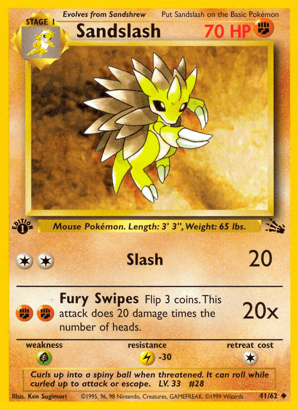 1st Edition Normal, 41, Fighting, Fossil 1st Edition, Grass[×2], Lightning[-30], Uncommon Sandslash (41/62) [Fossil 1st Edition] - Trading Card World