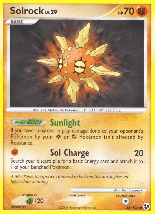 85, Common, Diamond & Pearl: Great Encounters, Fighting, Grass[+20], Normal, Reverse Holofoil Solrock (85/106) [Diamond & Pearl: Great Encounters] - Trading Card World