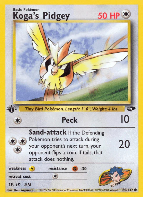 1st Edition Normal, 80, Colorless, Common, Fighting[-30], Gym Challenge 1st Edition, Lightning[×2] Koga's Pidgey (80/132) [Gym Challenge 1st Edition] - Trading Card World