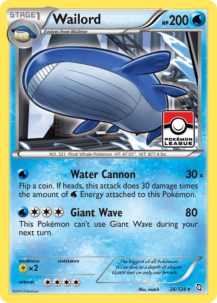 26, Black & White: Dragons Exalted, Holo Rare, Holofoil, Lightning[×2], Reverse Holofoil, Water Wailord (26/124) [Black & White: Dragons Exalted] - Trading Card World