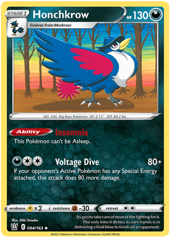 094, Darkness, Fighting[-30], Lightning [x2], Normal, Reverse Holofoil, Sword & Shield: Battle Styles, Uncommon Honchkrow (094/163) [Sword & Shield: Battle Styles] - Trading Card World