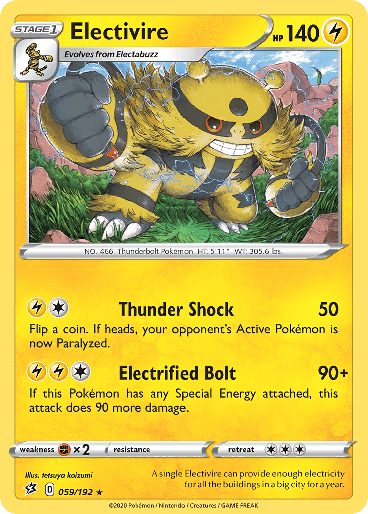 059, Fighting[×2], Lightning, Normal, Rare, Reverse Holofoil, Sword & Shield: Rebel Clash Electivire (059/192) [Sword & Shield: Rebel Clash] - Trading Card World