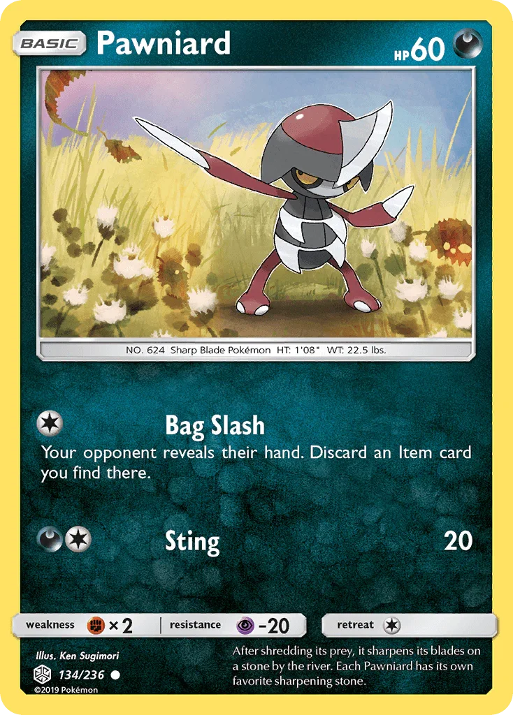 134, Common, Darkness, Fighting[×2], Normal, Psychic[-20], Reverse Holofoil, Sun & Moon: Cosmic Eclipse Pawniard (134/236) [Sun & Moon: Cosmic Eclipse] - Trading Card World