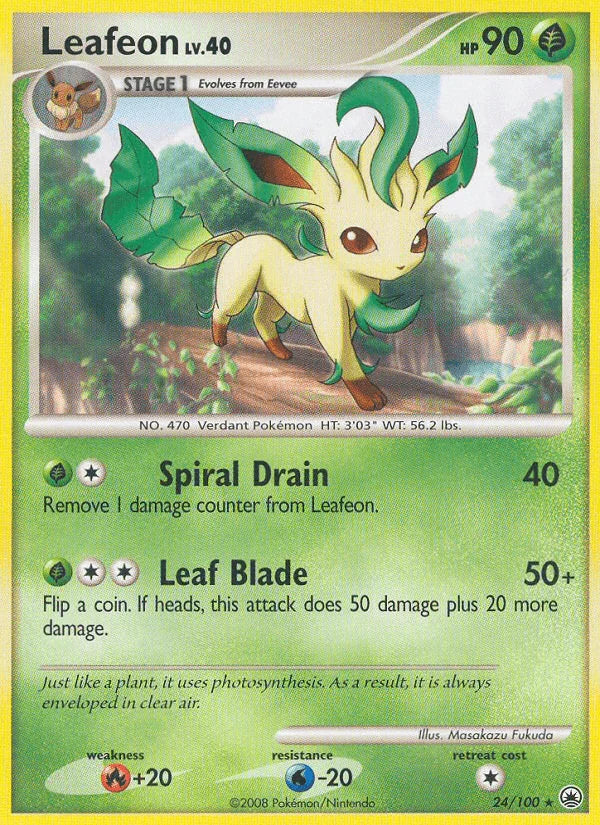 24, Diamond & Pearl: Majestic Dawn, Fire[+20], Grass, Normal, Rare, Reverse Holofoil, Water[-20] Leafeon (24/100) [Diamond & Pearl: Majestic Dawn] - Trading Card World