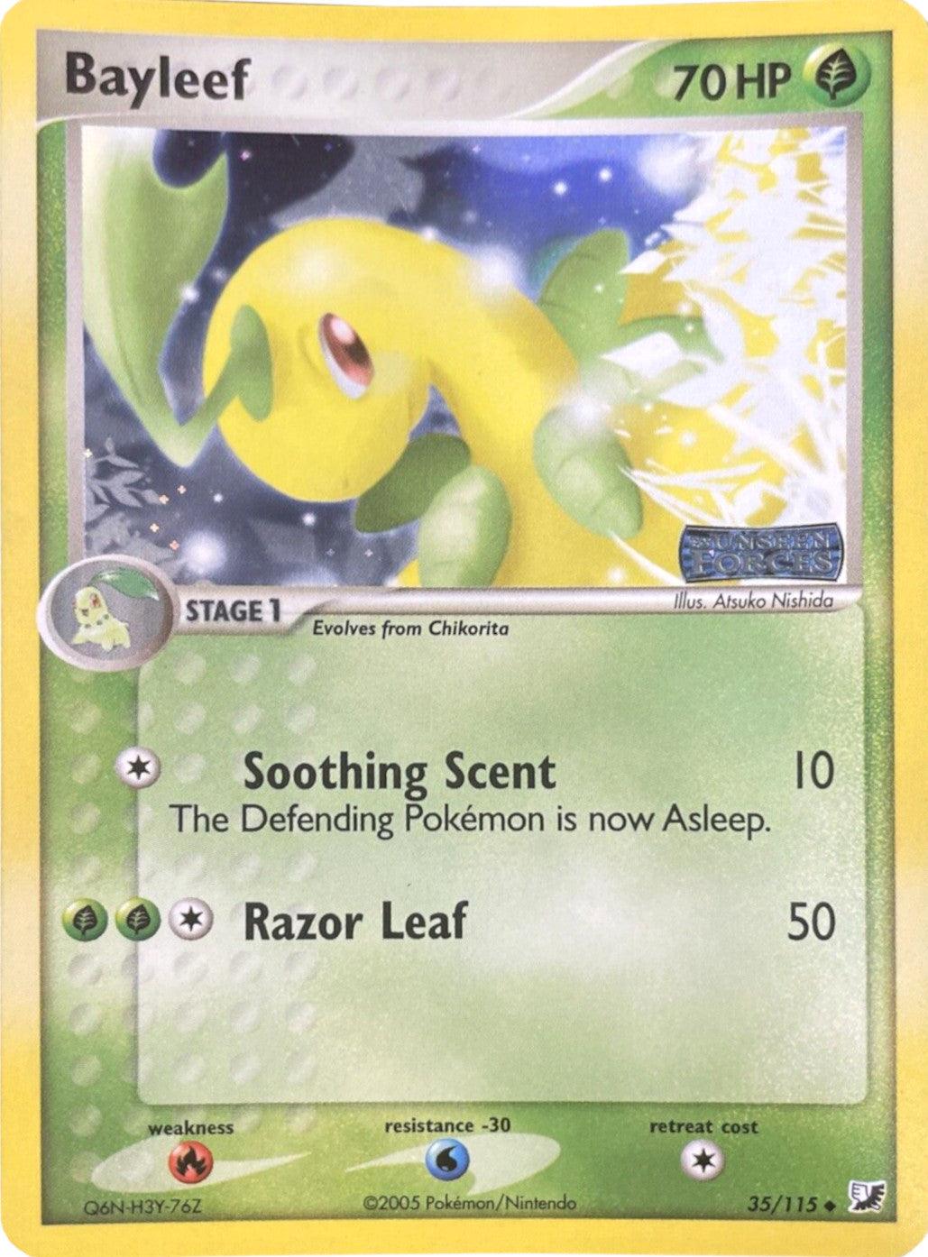 35, EX: Unseen Forces, Fire[×2], Grass, Reverse Holofoil, Uncommon, Water[-30] Bayleef (35/115) (Stamped) [EX: Unseen Forces] - Trading Card World