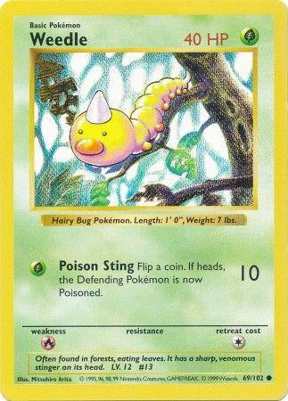 69, Base Set Shadowless Unlimited, Common, Fire[×2], Grass, Normal Weedle (69/102) [Base Set Shadowless Unlimited] - Trading Card World
