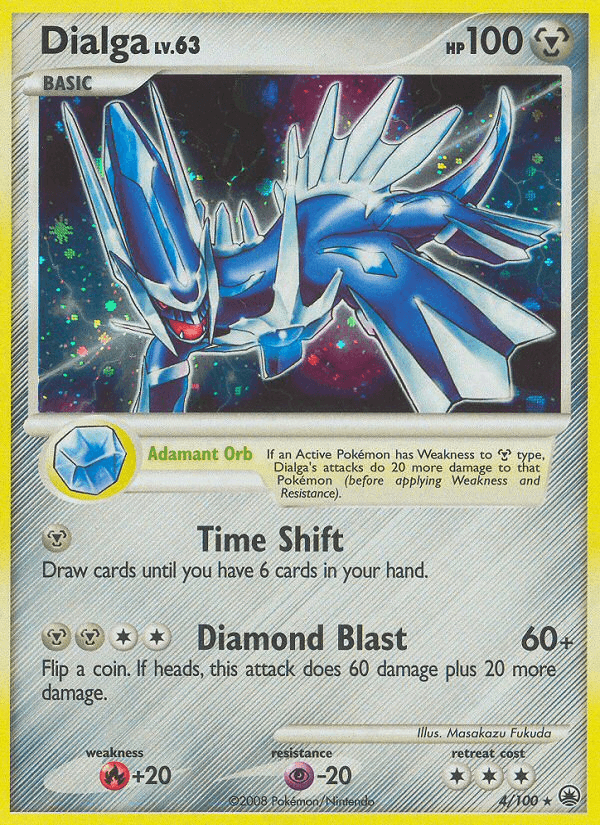 Diamond & Pearl: Majestic Dawn, Fire[+20], Holo Rare, Holofoil, Metal, Psychic[-20], Reverse Holofoil Dialga (4/100) [Diamond & Pearl: Majestic Dawn] - Trading Card World
