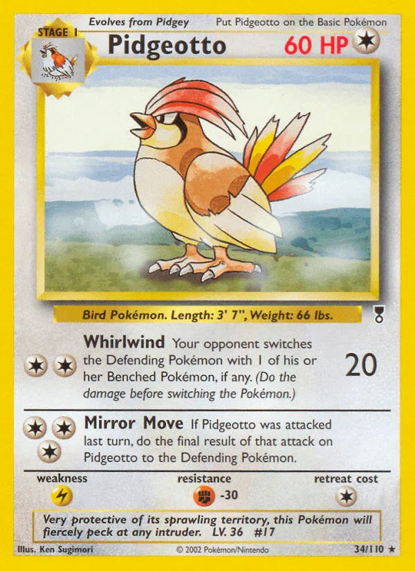 34, Colorless, Fighting[-30], Legendary Collection, Lightning[×2], Normal, Rare, Reverse Holofoil Pidgeotto (34/110) [Legendary Collection] - Trading Card World