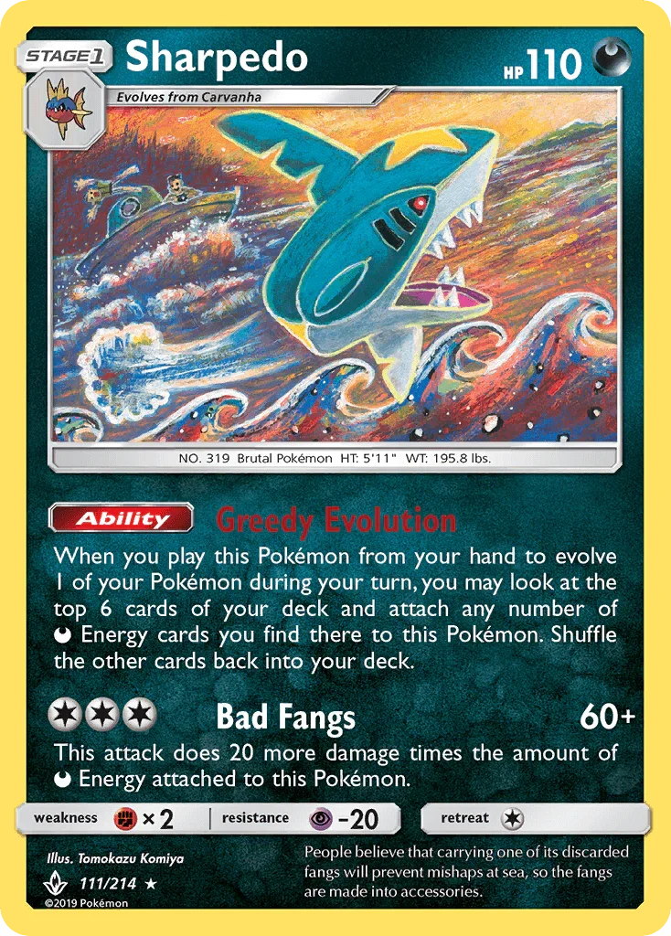 111, Darkness, Fighting[×2], Normal, Psychic[-20], Rare, Reverse Holofoil, Sun & Moon: Unbroken Bonds Sharpedo (111/214) [Sun & Moon: Unbroken Bonds] - Trading Card World