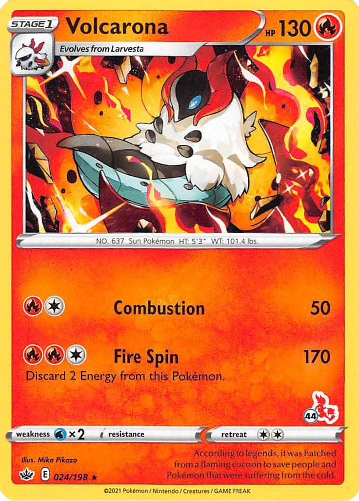 24, Battle Academy 2022, Fire, Normal, Rare, Water [x2] Volcarona (24/198) (Cinderace Stamp #44) [Battle Academy 2022] - Trading Card World