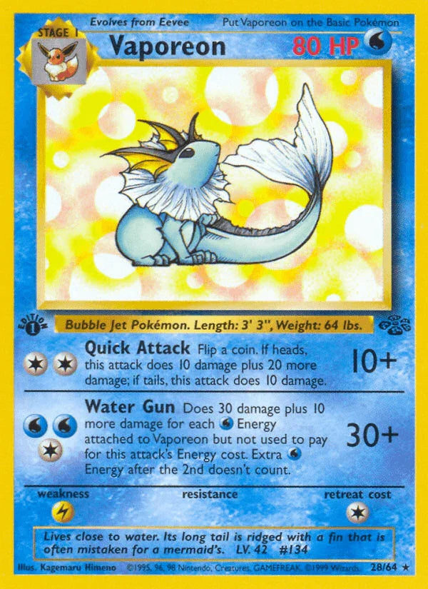 1st Edition Normal, 28, Jungle 1st Edition, Lightning[×2], Rare, Water Vaporeon (28/64) [Jungle 1st Edition] - Trading Card World