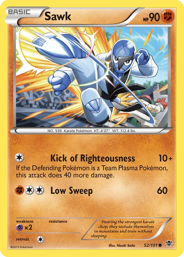52, Black & White: Plasma Blast, Common, Fighting, Normal, Psychic[×2], Reverse Holofoil Sawk (52/101) [Black & White: Plasma Blast] - Trading Card World