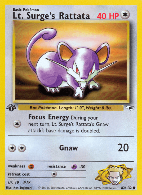 1st Edition Normal, 82, Colorless, Common, Fighting[×2], Gym Heroes 1st Edition, Psychic[-30] Lt. Surge's Rattata (82/132) [Gym Heroes 1st Edition] - Trading Card World