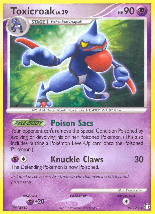 36, Diamond & Pearl: Mysterious Treasures, Normal, Psychic, Psychic[+20], Rare, Reverse Holofoil Toxicroak (36/123) [Diamond & Pearl: Mysterious Treasures] - Trading Card World