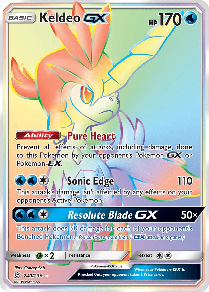 240, Grass[×2], Holofoil, Secret Rare, Sun & Moon: Unified Minds, Water Keldeo GX (240/236) [Sun & Moon: Unified Minds] - Trading Card World