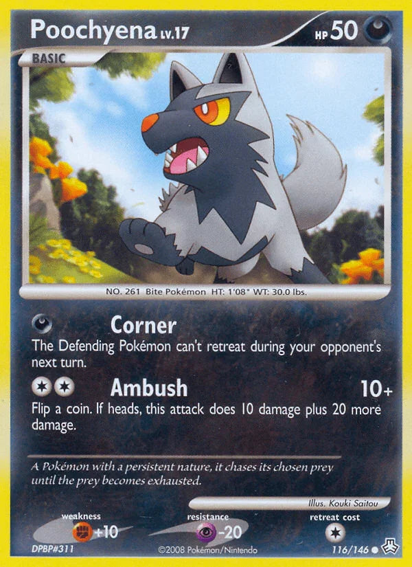 116, Common, Darkness, Diamond & Pearl: Legends Awakened, Fighting[+10], Normal, Psychic[-20], Reverse Holofoil Poochyena (116/146) [Diamond & Pearl: Legends Awakened] - Trading Card World