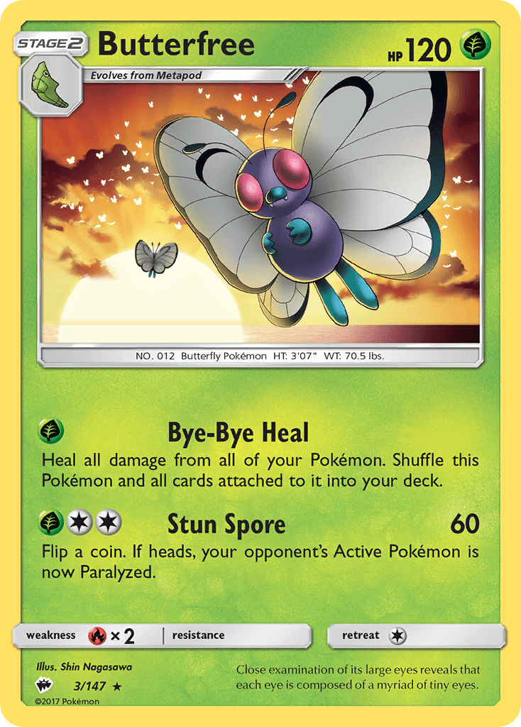 Fire[×2], Grass, Normal, Rare, Reverse Holofoil, Sun & Moon: Burning Shadows Butterfree (3/147) [Sun & Moon: Burning Shadows] - Trading Card World