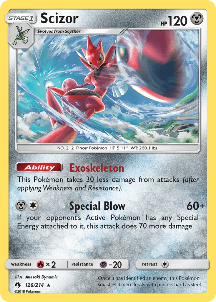 126, Fire[×2], Holo Rare, Holofoil, Metal, Psychic[-20], Reverse Holofoil, Sun & Moon: Lost Thunder Scizor (126/214) [Sun & Moon: Lost Thunder] - Trading Card World