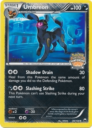 60, Black & White: Dark Explorers, Darkness, Fighting [x2], Promo, Psychic [-30], Reverse Holofoil Umbreon (60/108) (Regional Championship Promo Staff) [Black & White: Dark Explorers] - Trading Card World