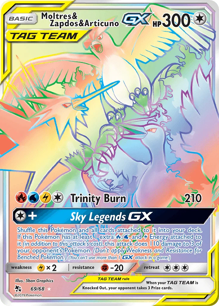 69, Colorless, Fighting[-20], Holofoil, Lightning[×2], Secret Rare, Sun & Moon: Hidden Fates Moltres & Zapdos & Articuno GX (69/68) [Sun & Moon: Hidden Fates] - Trading Card World