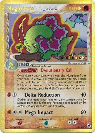 EX: Dragon Frontiers, Fighting, Fire[×2], Holo Rare, Reverse Holofoil, Water[-30] Meganium (4/101) (Delta Species) (Stamped) [EX: Dragon Frontiers] - Trading Card World