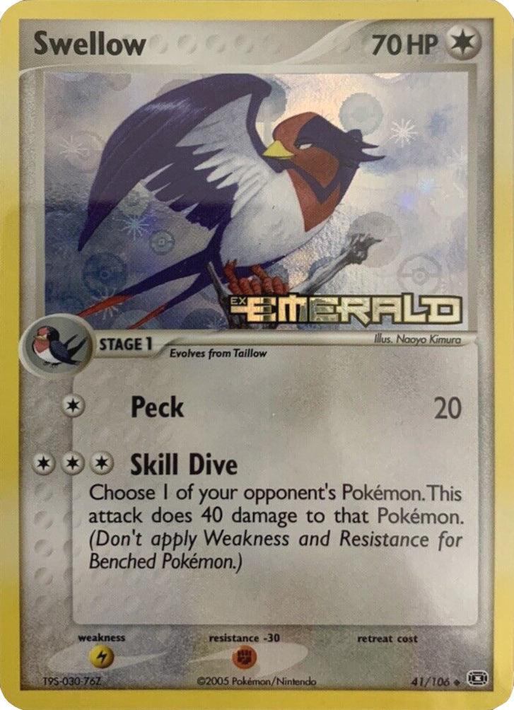 41, Colorless, EX: Emerald, Fighting[-30], Lightning[×2], Reverse Holofoil, Uncommon Swellow (41/106) (Stamped) [EX: Emerald] - Trading Card World