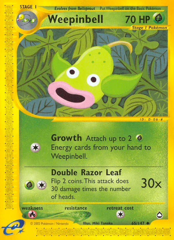 65, Aquapolis, Fire[×2], Grass, Normal, Reverse Holofoil, Uncommon Weepinbell (65/147) [Aquapolis] - Trading Card World