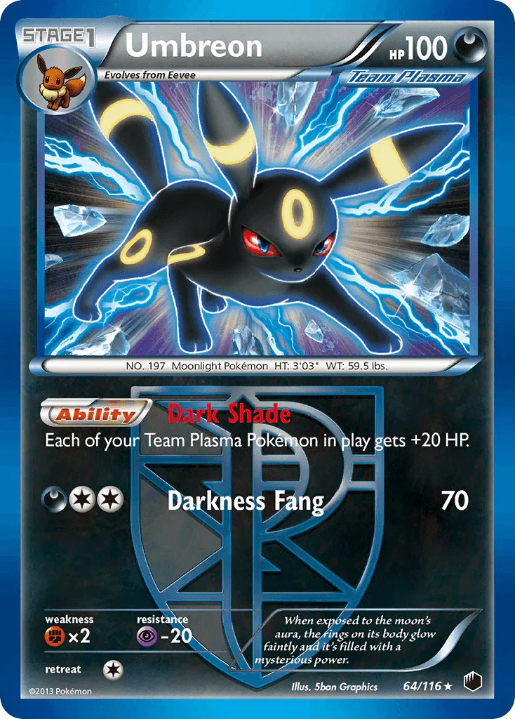 64, Black & White: Plasma Freeze, Darkness, Fighting[×2], Holo Rare, Holofoil, Psychic[-20], Reverse Holofoil Umbreon (64/116) [Black & White: Plasma Freeze] - Trading Card World