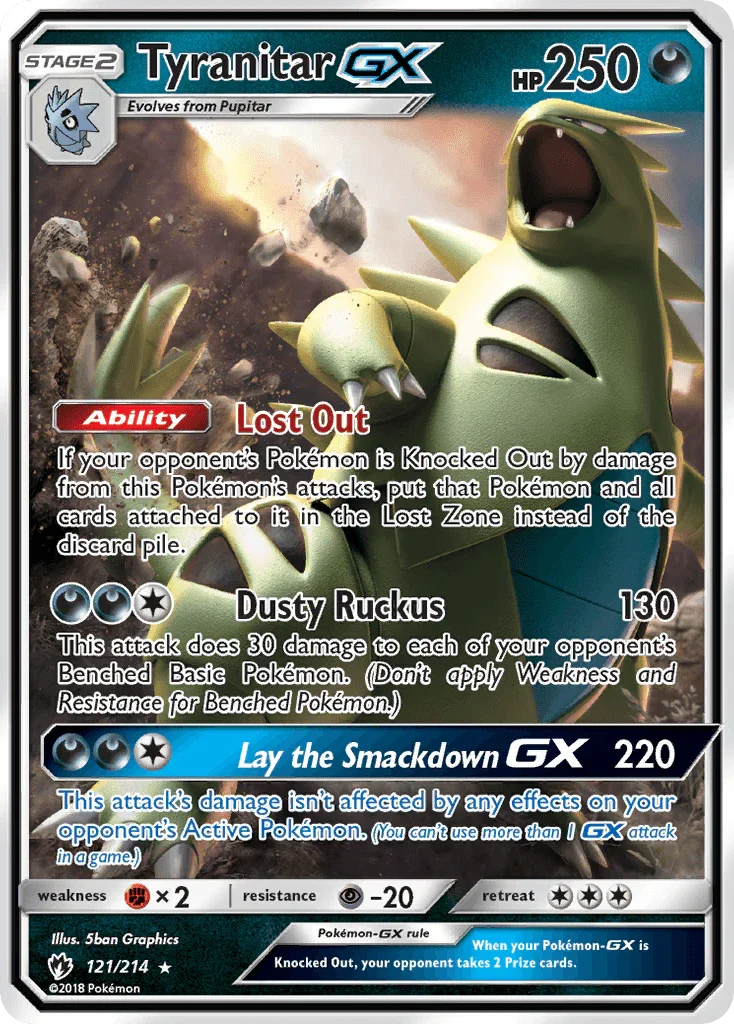 121, Darkness, Fighting[×2], Holofoil, Psychic[-20], Sun & Moon: Lost Thunder, Ultra Rare Tyranitar GX (121/214) [Sun & Moon: Lost Thunder] - Trading Card World