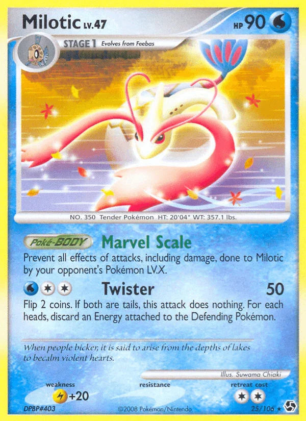 25, Diamond & Pearl: Great Encounters, Lightning[+20], Normal, Rare, Reverse Holofoil, Water Milotic (25/106) [Diamond & Pearl: Great Encounters] - Trading Card World