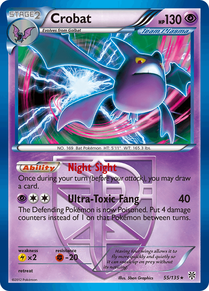 55, Black & White: Plasma Storm, Fighting[-20], Holo Rare, Holofoil, Lightning[×2], Psychic, Reverse Holofoil Crobat (55/135) [Black & White: Plasma Storm] - Trading Card World