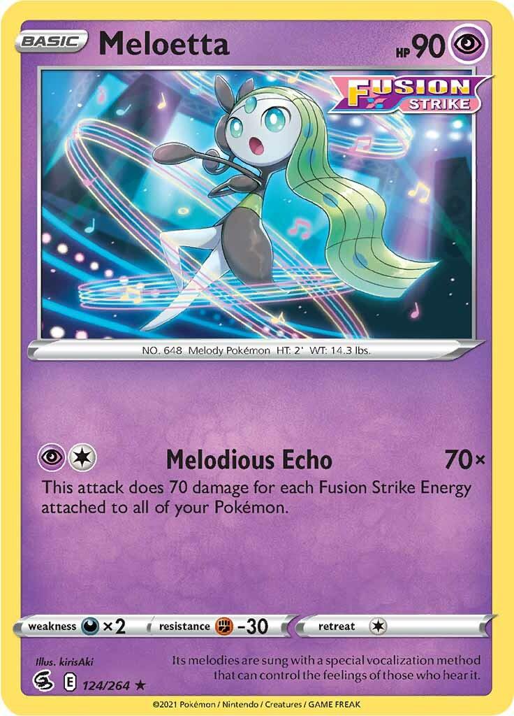 124, Darkness [x2], Fighting [-30], Normal, Psychic, Rare, Reverse Holofoil, Sword & Shield: Fusion Strike Meloetta (124/264) [Sword & Shield: Fusion Strike] - Trading Card World