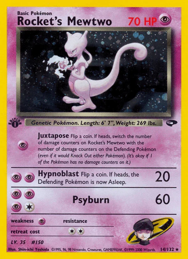 14, 1st Edition Holofoil, Gym Challenge 1st Edition, Holo Rare, Psychic, Psychic[×2] Rocket's Mewtwo (14/132) [Gym Challenge 1st Edition] - Trading Card World