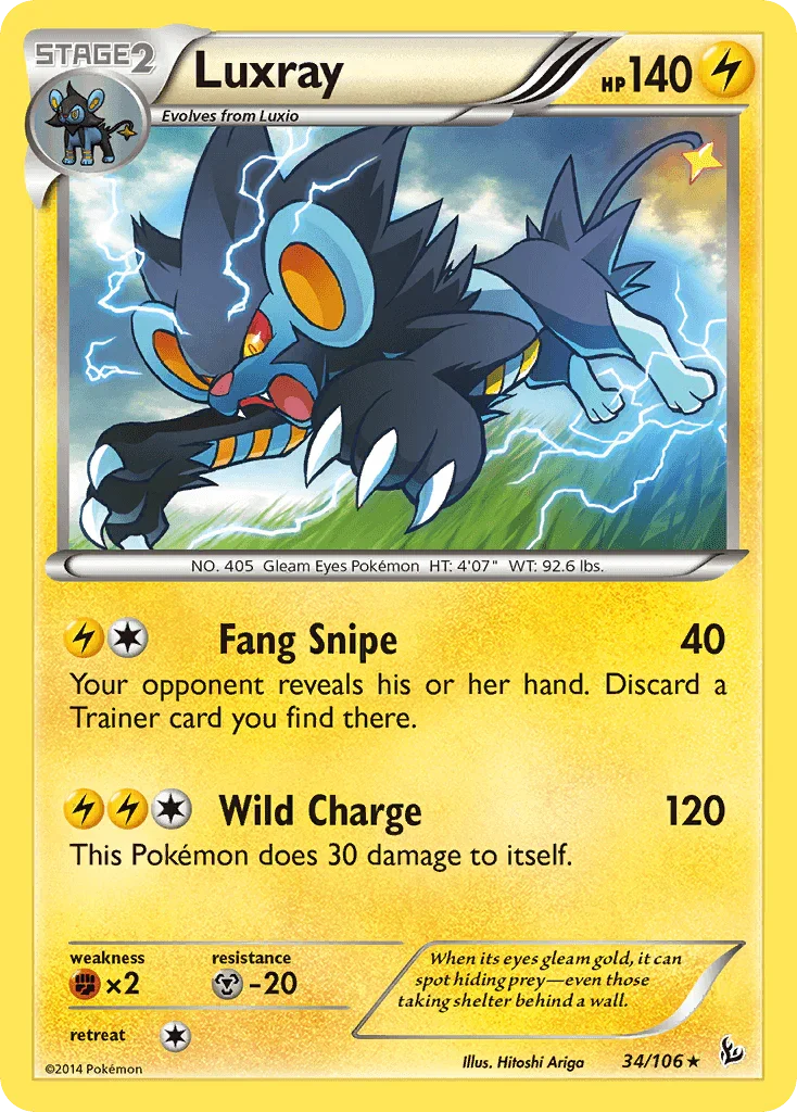 34, Fighting[×2], Lightning, Metal[-20], Normal, Rare, Reverse Holofoil, XY: Flashfire Luxray (34/106) [XY: Flashfire] - Trading Card World