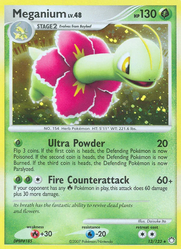 13, Diamond & Pearl: Mysterious Treasures, Fire[+30], Grass, Holo Rare, Holofoil, Reverse Holofoil, Water[-20] Meganium (13/123) [Diamond & Pearl: Mysterious Treasures] - Trading Card World