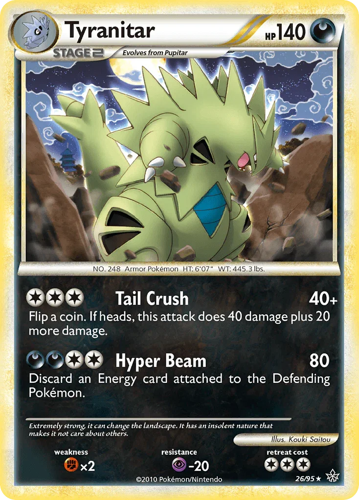 26, Darkness, Fighting[×2], HeartGold & SoulSilver: Unleashed, Normal, Psychic[-20], Rare, Reverse Holofoil Tyranitar (26/95) [HeartGold & SoulSilver: Unleashed] - Trading Card World