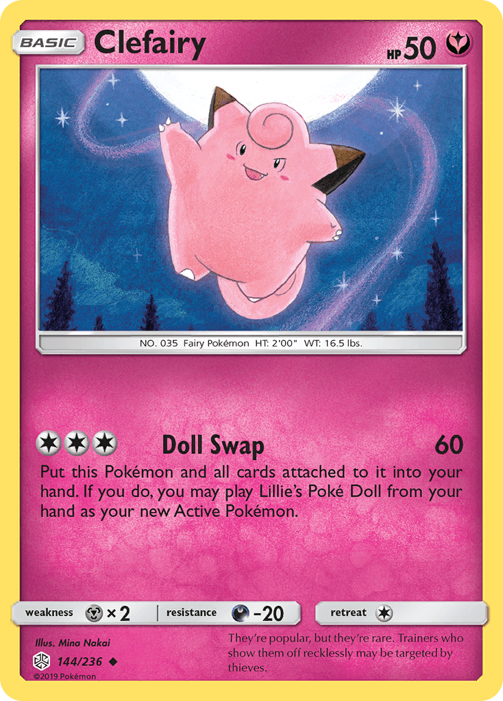144, Darkness[-20], Fairy, Metal[×2], Normal, Reverse Holofoil, Sun & Moon: Cosmic Eclipse, Uncommon Clefairy (144/236) [Sun & Moon: Cosmic Eclipse] - Trading Card World