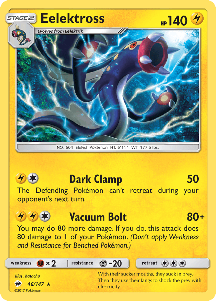46, Fighting[×2], Lightning, Metal[-20], Normal, Rare, Reverse Holofoil, Sun & Moon: Burning Shadows Eelektross (46/147) [Sun & Moon: Burning Shadows] - Trading Card World