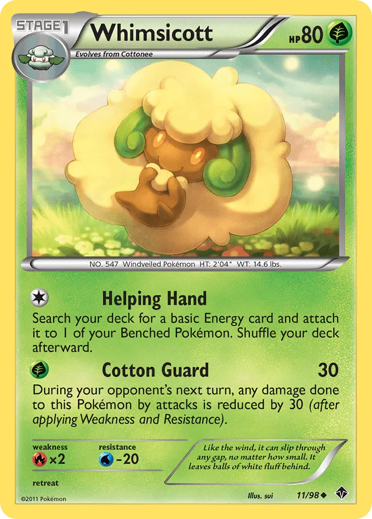 11, Black & White: Emerging Powers, Fire[×2], Grass, Normal, Reverse Holofoil, Uncommon, Water[-20] Whimsicott (11/98) [Black & White: Emerging Powers] - Trading Card World