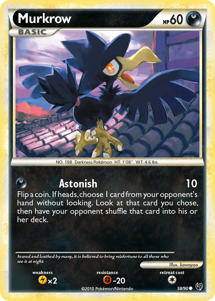 58, Common, Darkness, Fighting[-20], HeartGold & SoulSilver: Undaunted, Lightning[×2], Normal, Reverse Holofoil Murkrow (58/90) [HeartGold & SoulSilver: Undaunted] - Trading Card World