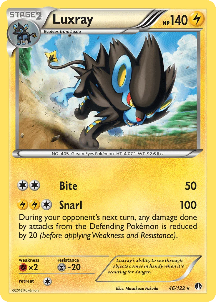 46, Fighting[×2], Lightning, Metal[-20], Normal, Rare, Reverse Holofoil, XY: BREAKpoint Luxray (46/122) [XY: BREAKpoint] - Trading Card World