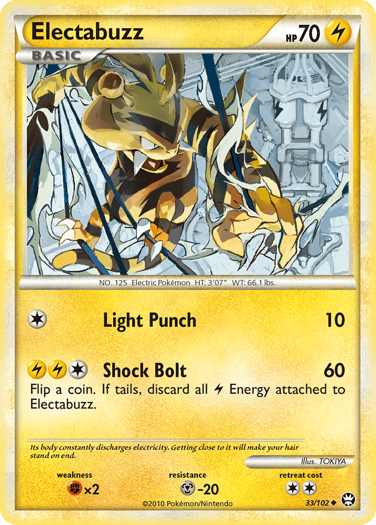 33, Fighting[×2], HeartGold & SoulSilver: Triumphant, Lightning, Metal[-20], Normal, Reverse Holofoil, Uncommon Electabuzz (33/102) [HeartGold & SoulSilver: Triumphant] - Trading Card World