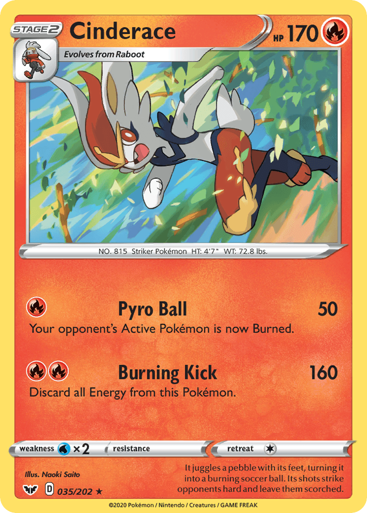 035, Fire, Holo Rare, Holofoil, Reverse Holofoil, Sword & Shield: Base Set, Water[×2] Cinderace (035/202) [Sword & Shield: Base Set] - Trading Card World