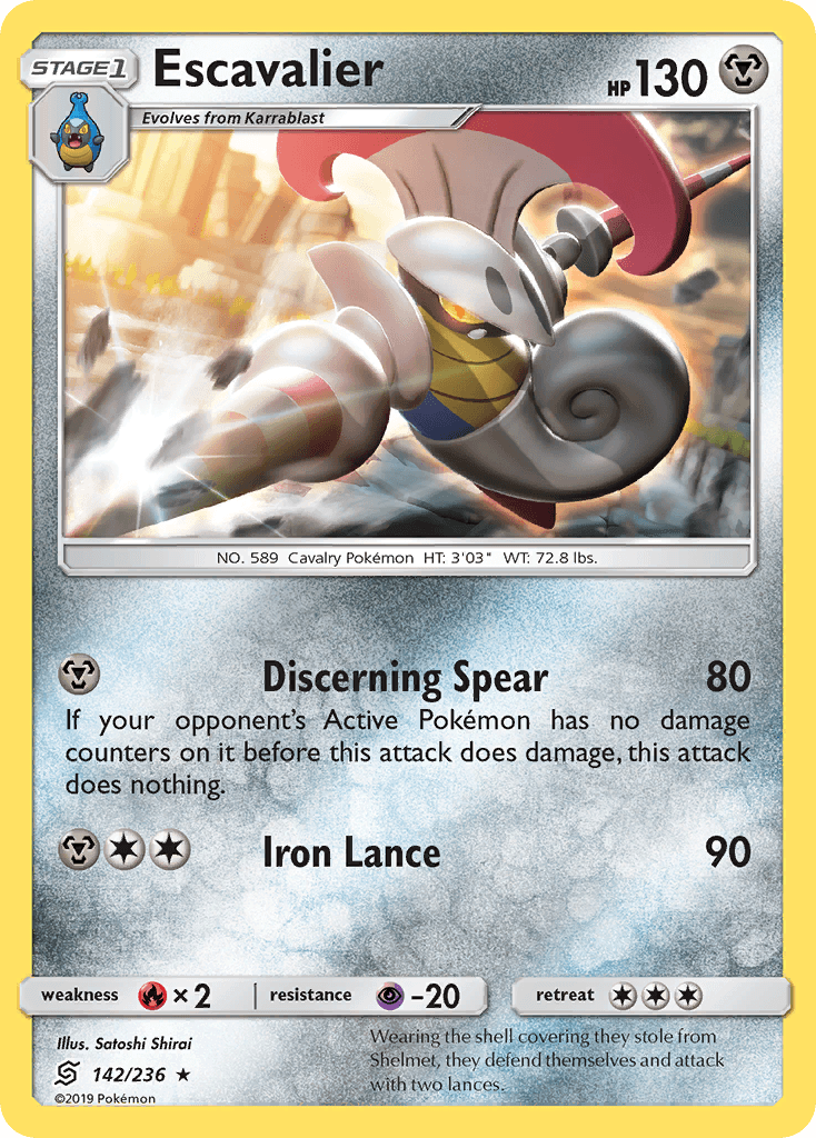 142, Fire[×2], Metal, Normal, Psychic[-20], Rare, Reverse Holofoil, Sun & Moon: Unified Minds Escavalier (142/236) [Sun & Moon: Unified Minds] - Trading Card World