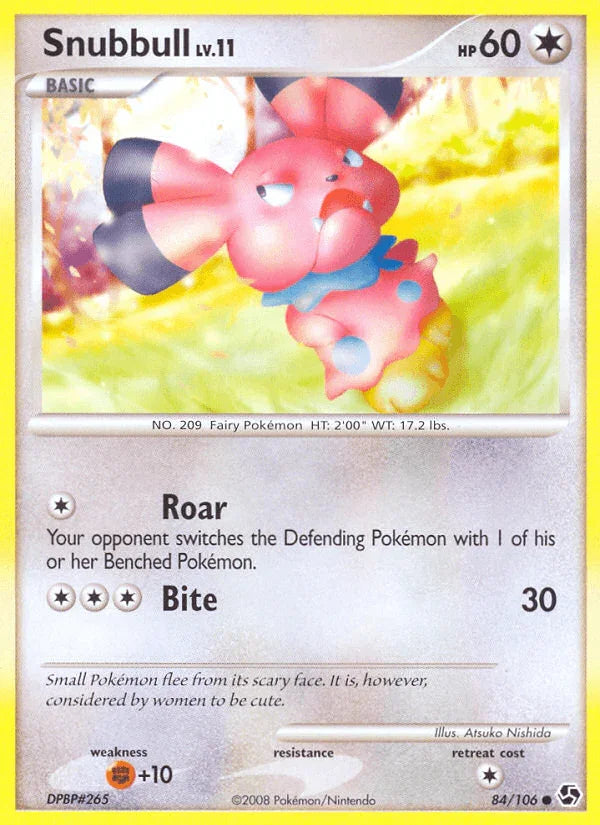 84, Colorless, Common, Diamond & Pearl: Great Encounters, Fighting[+10], Normal, Reverse Holofoil Snubbull (84/106) [Diamond & Pearl: Great Encounters] - Trading Card World